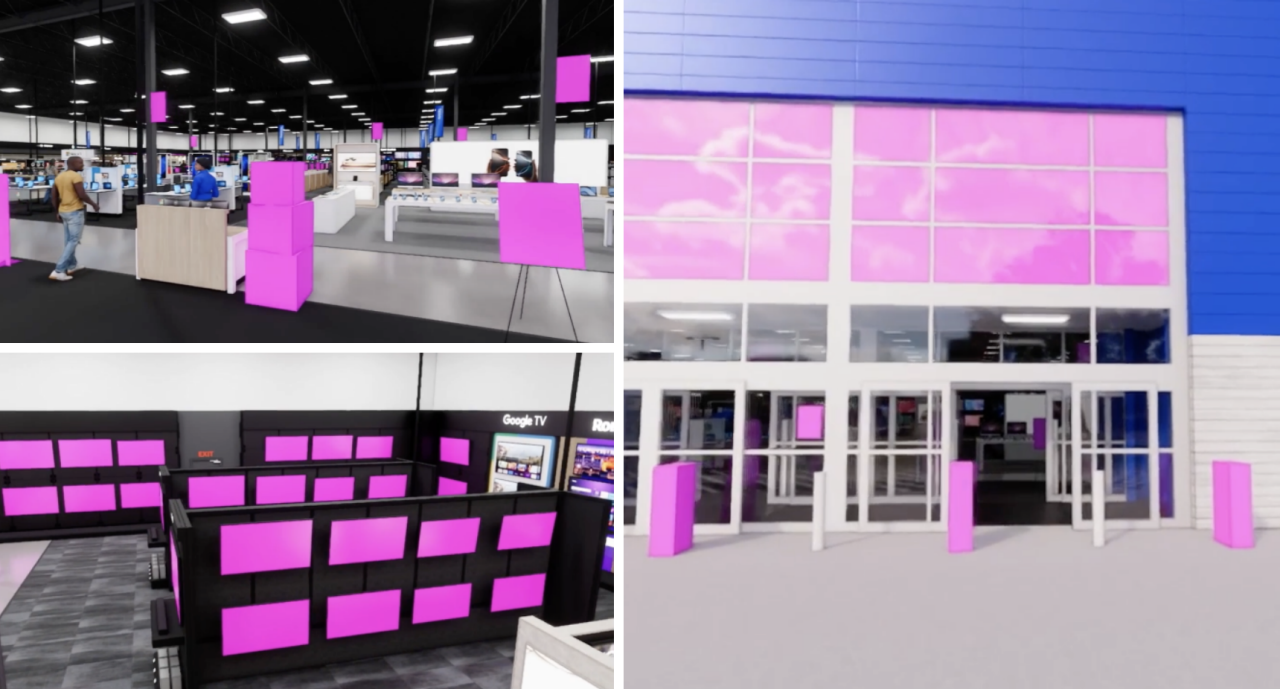 Three images of different environments in the store showcasing where you can place ads for the in-store takeover.