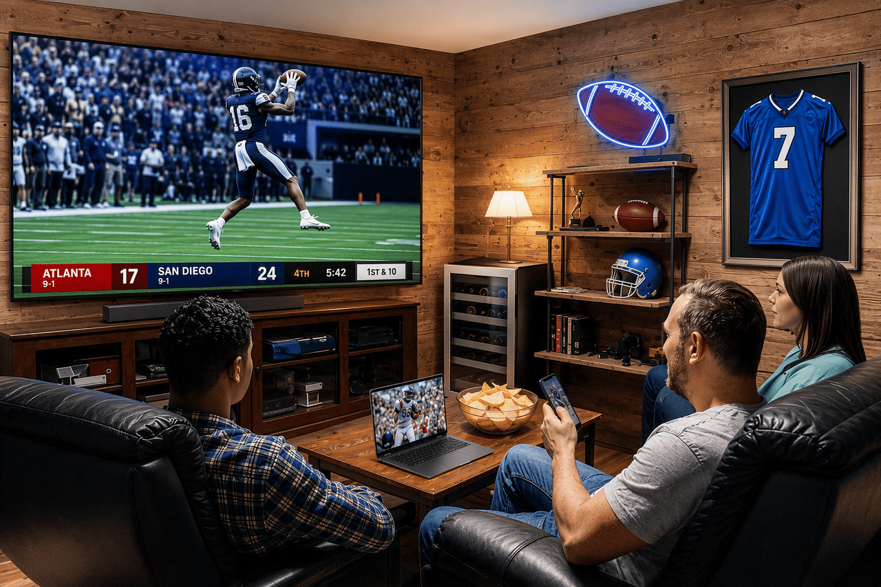People watching football in their house on the TV, and their laptop, and their smart phone. 