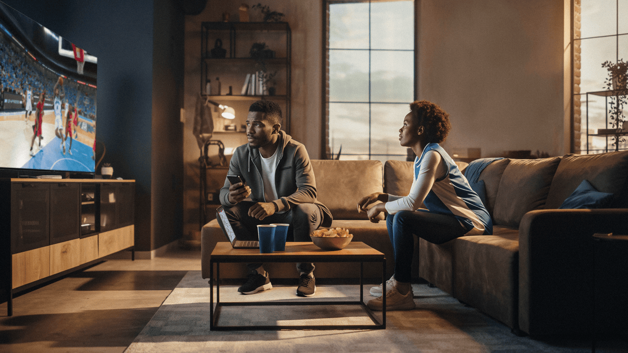 Two people on couch watching basketball.