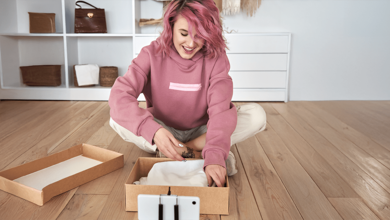 a person opening up a product while vlogging themselves