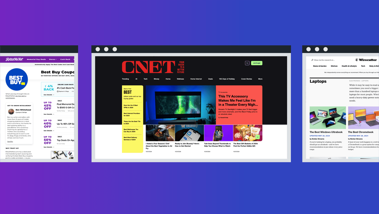 visuals of websites from affiliate partners