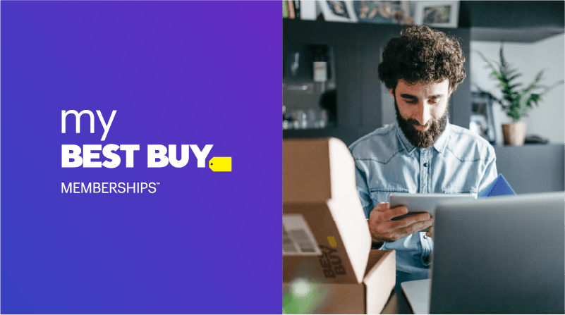 split graphic depicting My Best Buy logo and a person opening a package