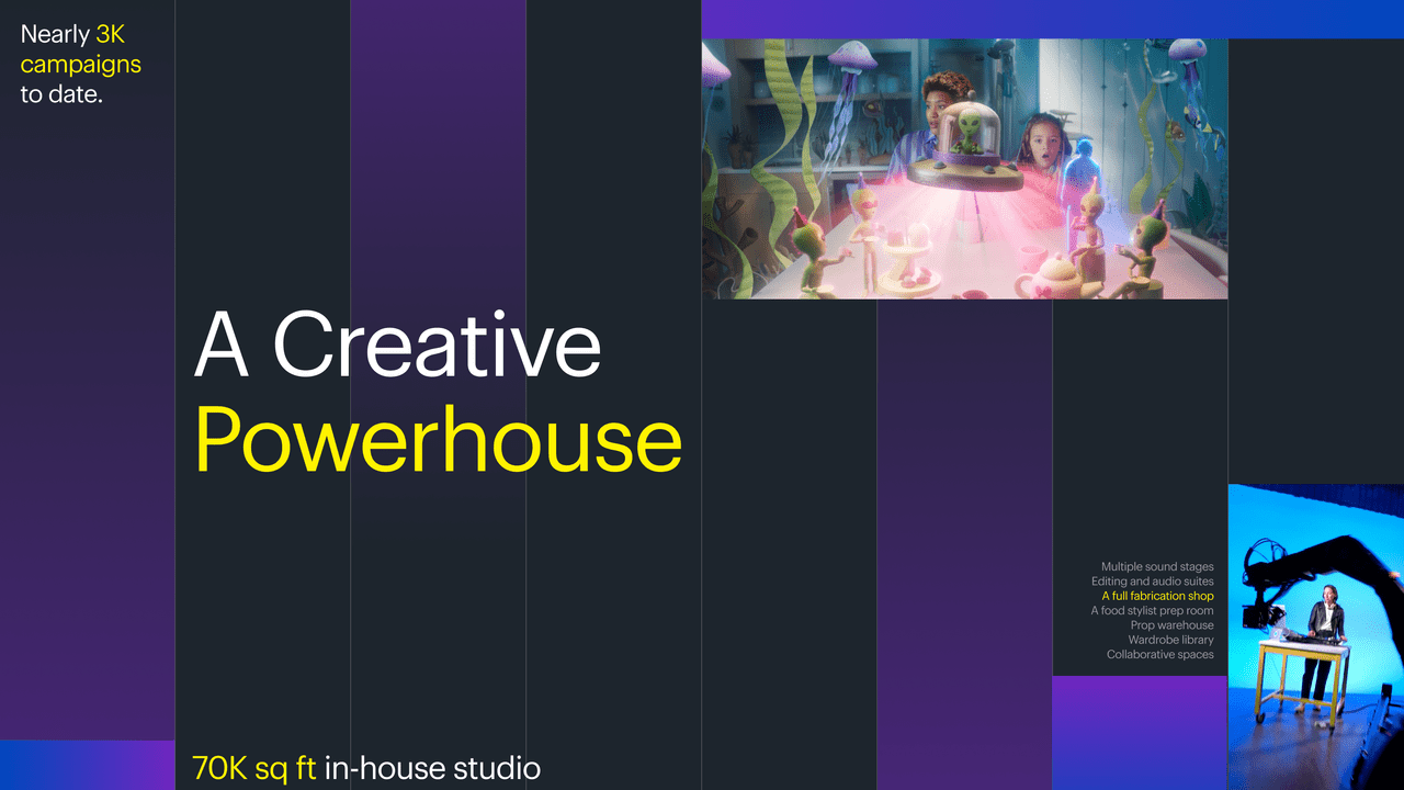 A tapestry graphic showing creative ad examples and our studio environment; on image text "A Creative Powerhouse".