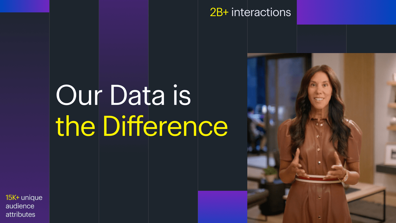 graphic tapestry collage, displaying data "15K+ unique audience attributes",  "2B+ interactions" with headline reading "Our Data is the Difference" and an image of Lisa Valentino presenting
