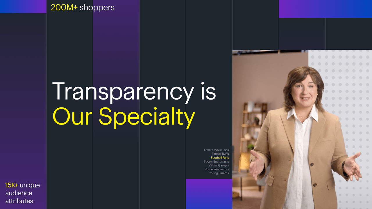 graphic tapestry including data points, audience types and an image of Milena Krasteva speaking