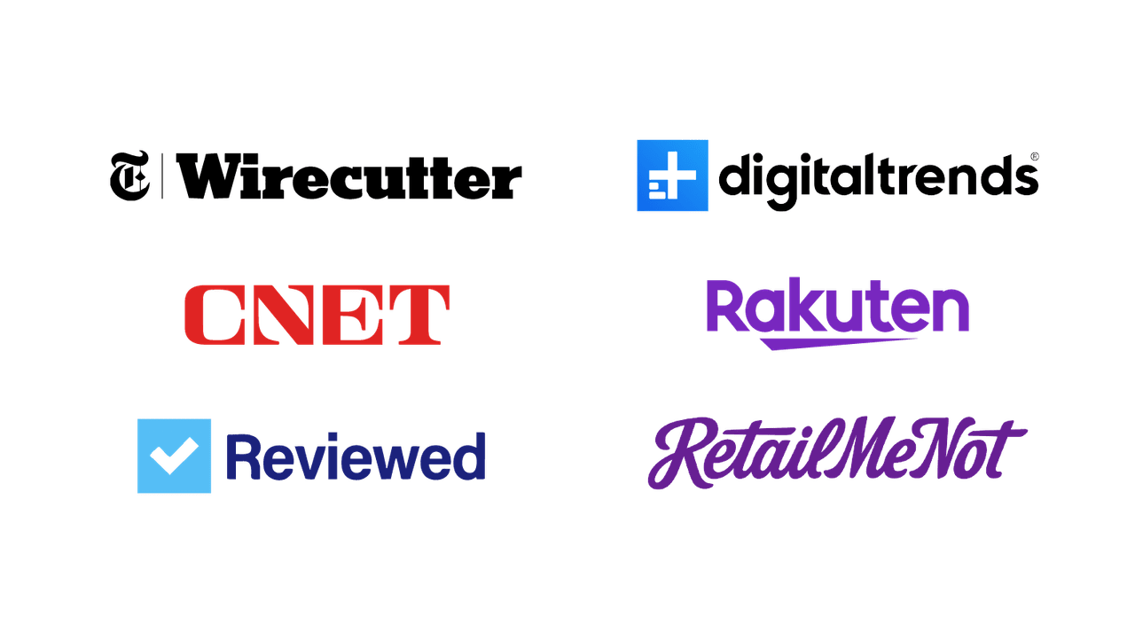 a collage of logos including "Wirecutter, Digital Trends, CNET, Rakuten, Reviewed, RetailMeNot"