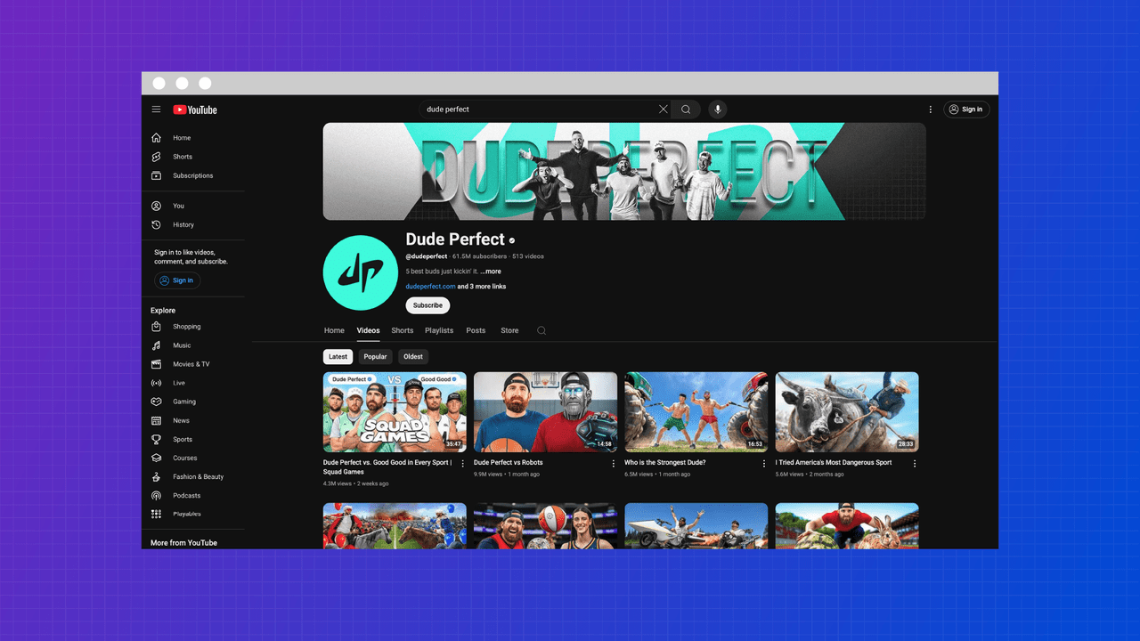 YouTube profile for Dude Perfect, highlighting a massive following over 60 million subscribers