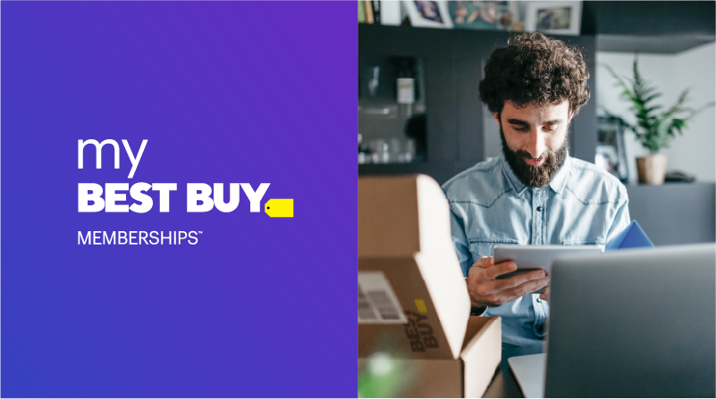 split graphic depicting My Best Buy logo and a person opening a package