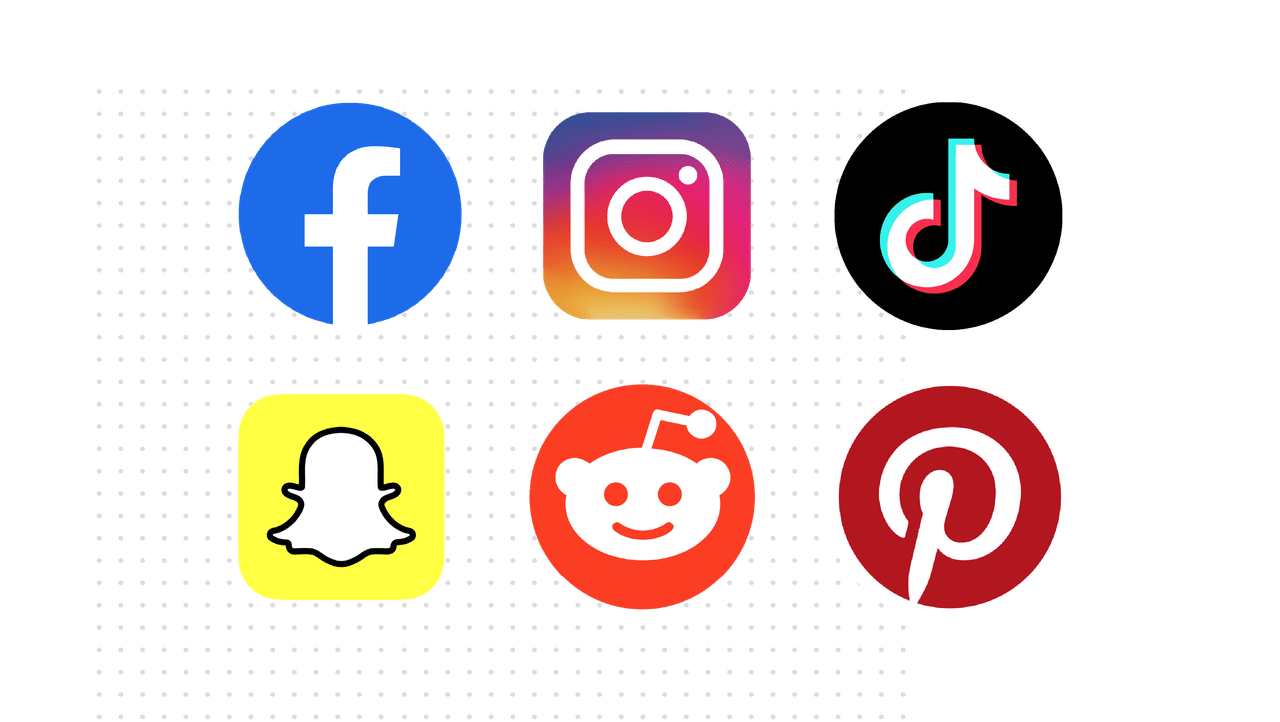 grid of social media logos including Facebook, Instagram, TikTok, Snapchat, Reddit and Pinterest.